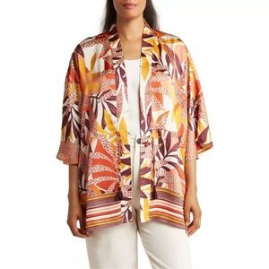 DR2 Daniel Rainn Satin Print Cover Up Ruana Kimono Size S/M Tropical Flowy NEW